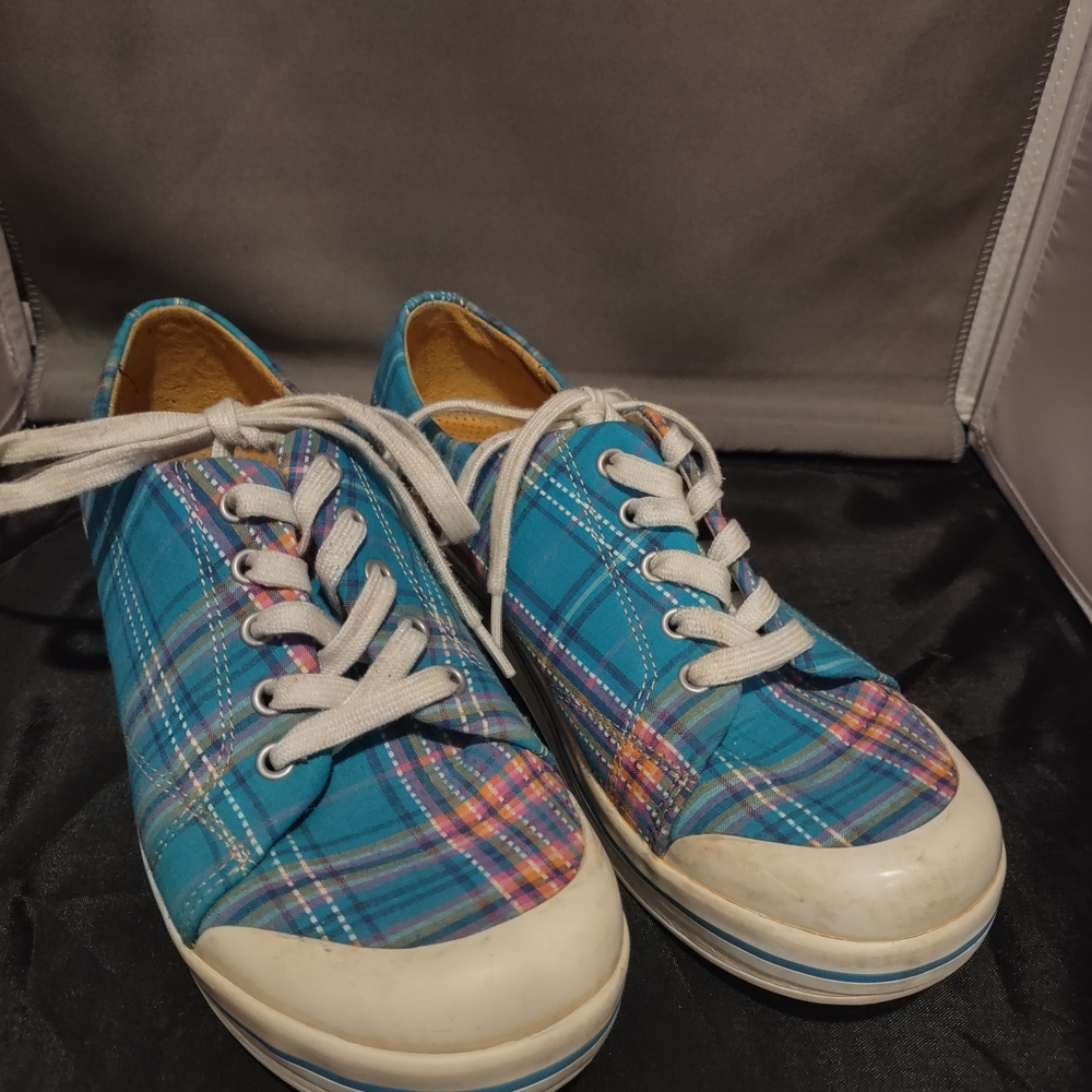Dansko Women's Vegan Blue Plaid Sneaker Clogs